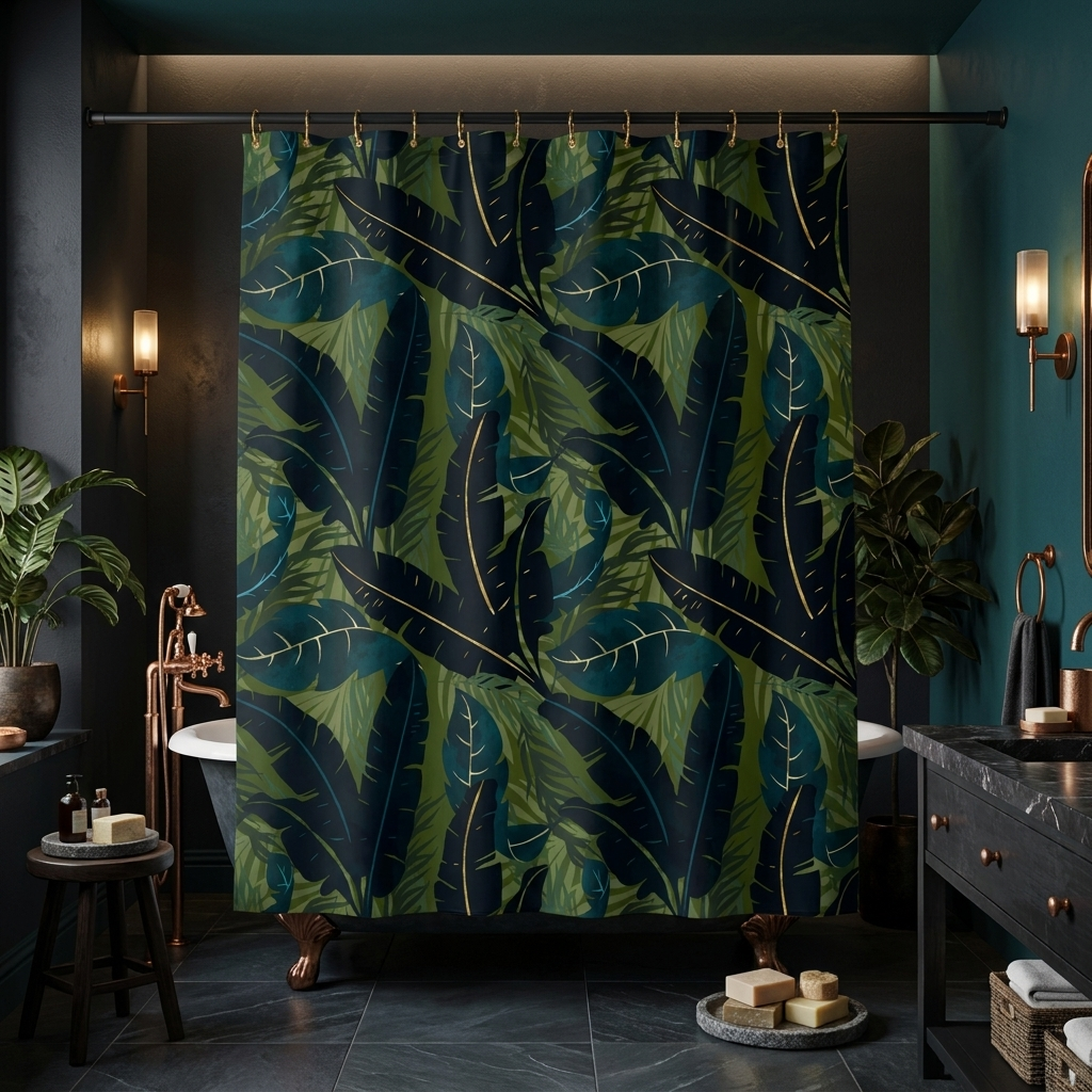 Botanical Navy Teal and Green Tropical Motif - Shower Curtain