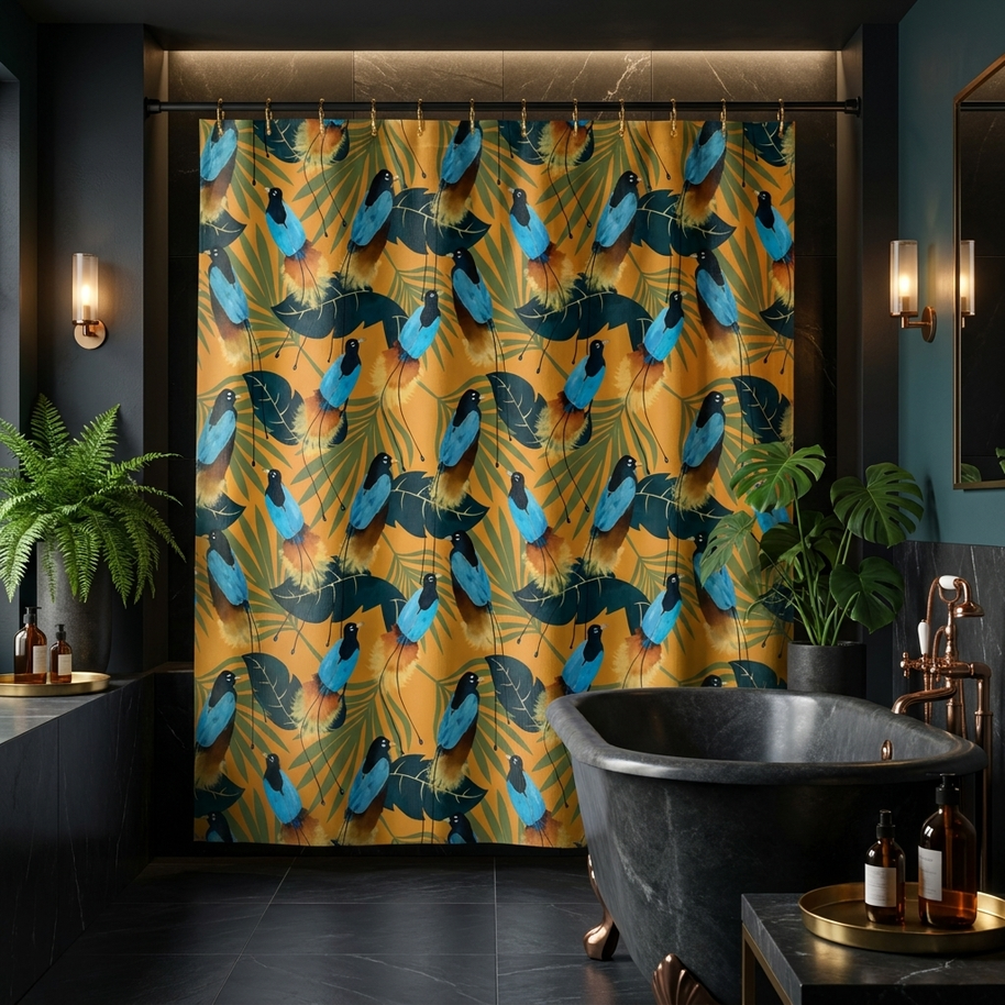 Birds of Paradise Botanical with Orange - Shower Curtain