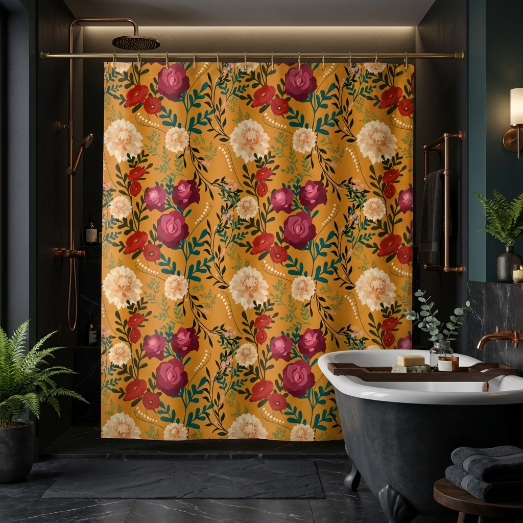 Vibrant Floral with Mustard - Shower Curtain