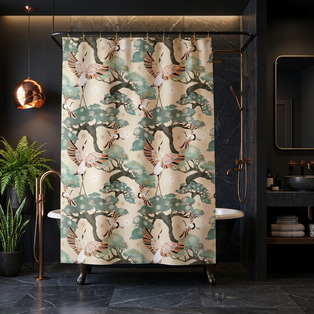 Crane and Bonsai with Cream - Shower Curtain