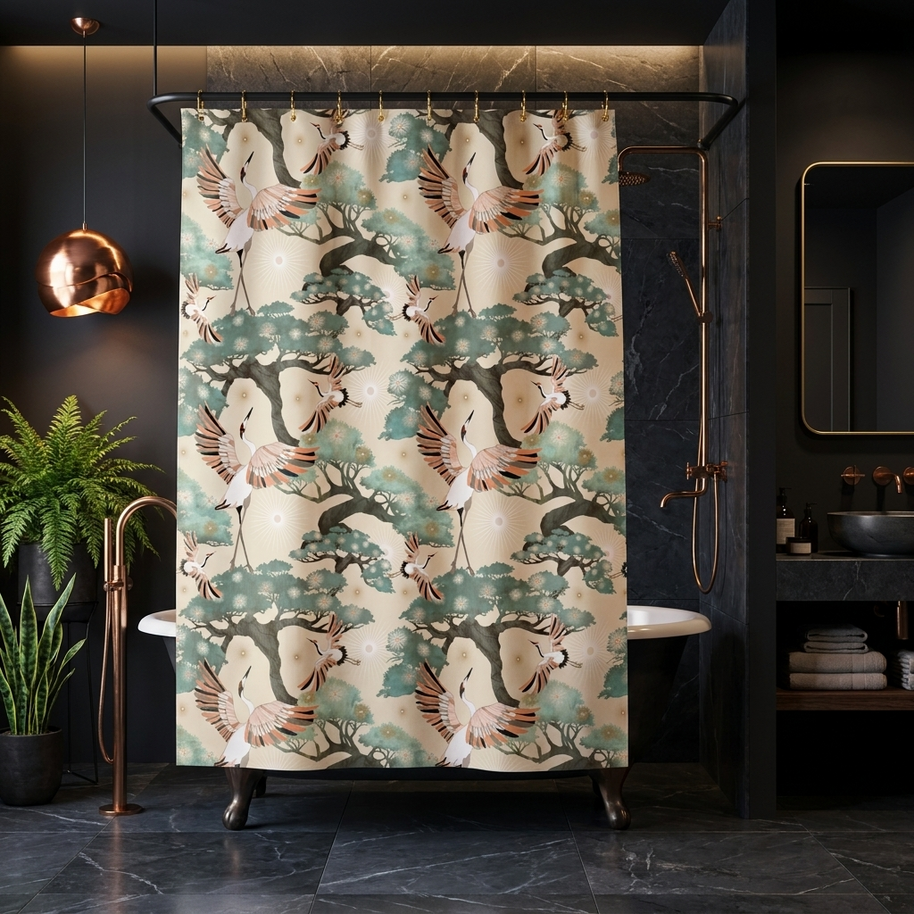 Crane and Bonsai with Cream - Shower Curtain