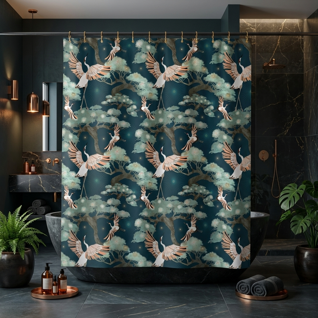 Crane and Bonsai with Teal - Shower Curtain