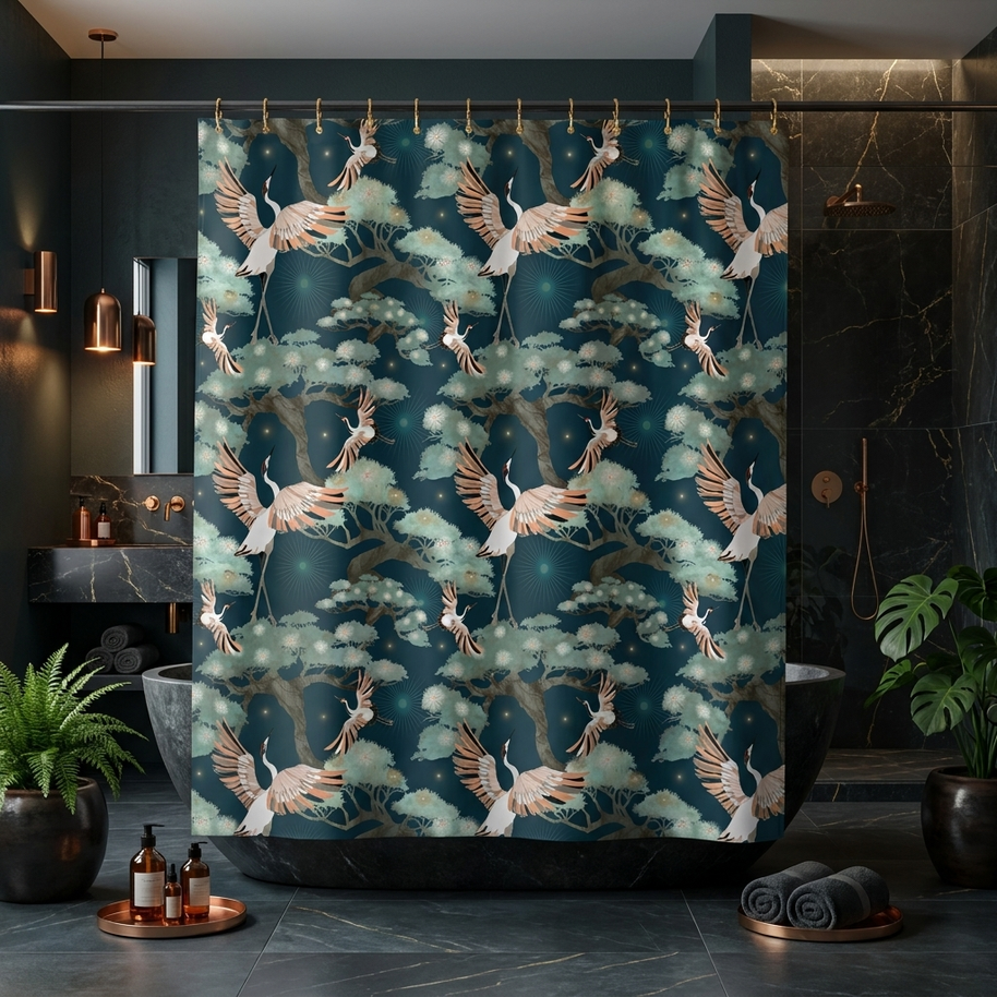 Crane and Bonsai with Teal - Shower Curtain