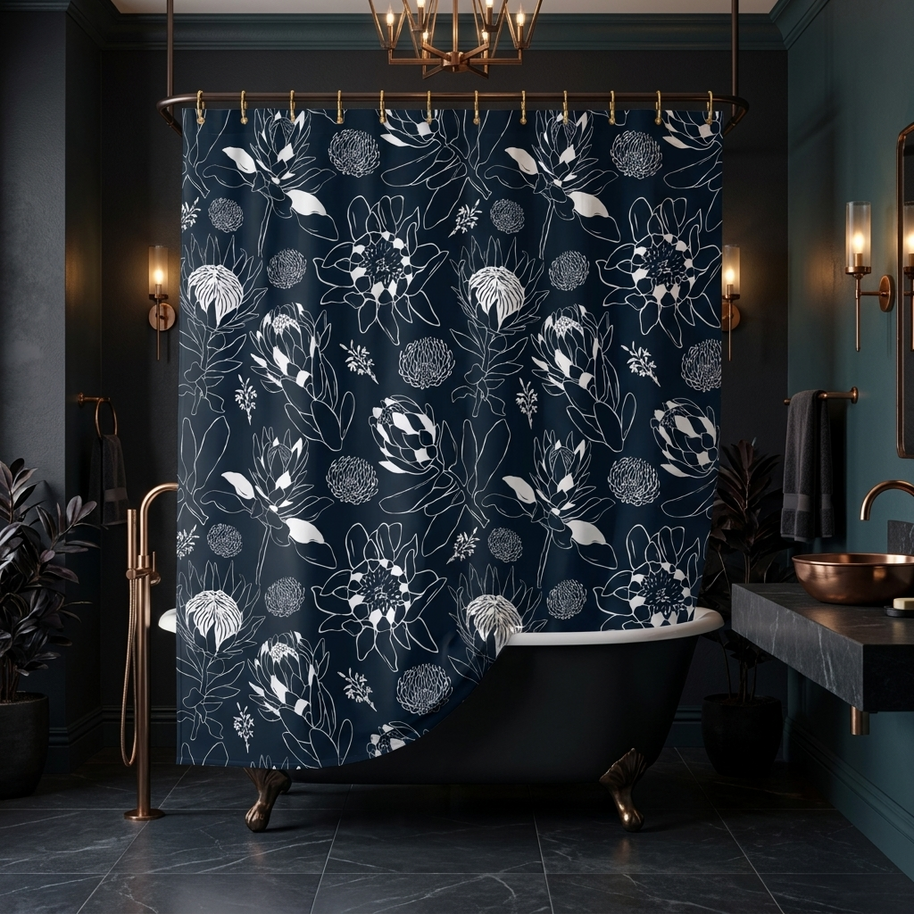Protea Navy and White - Shower Curtain